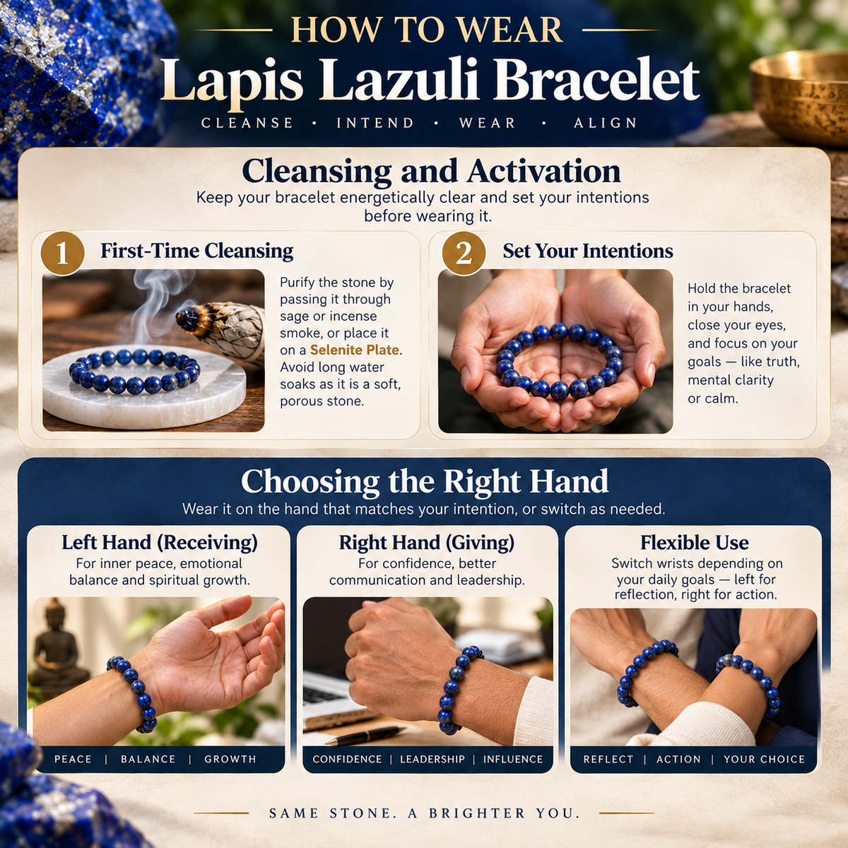 How to wear Lapis Lazuli bracelet with cleansing, intention and wrist guidance
