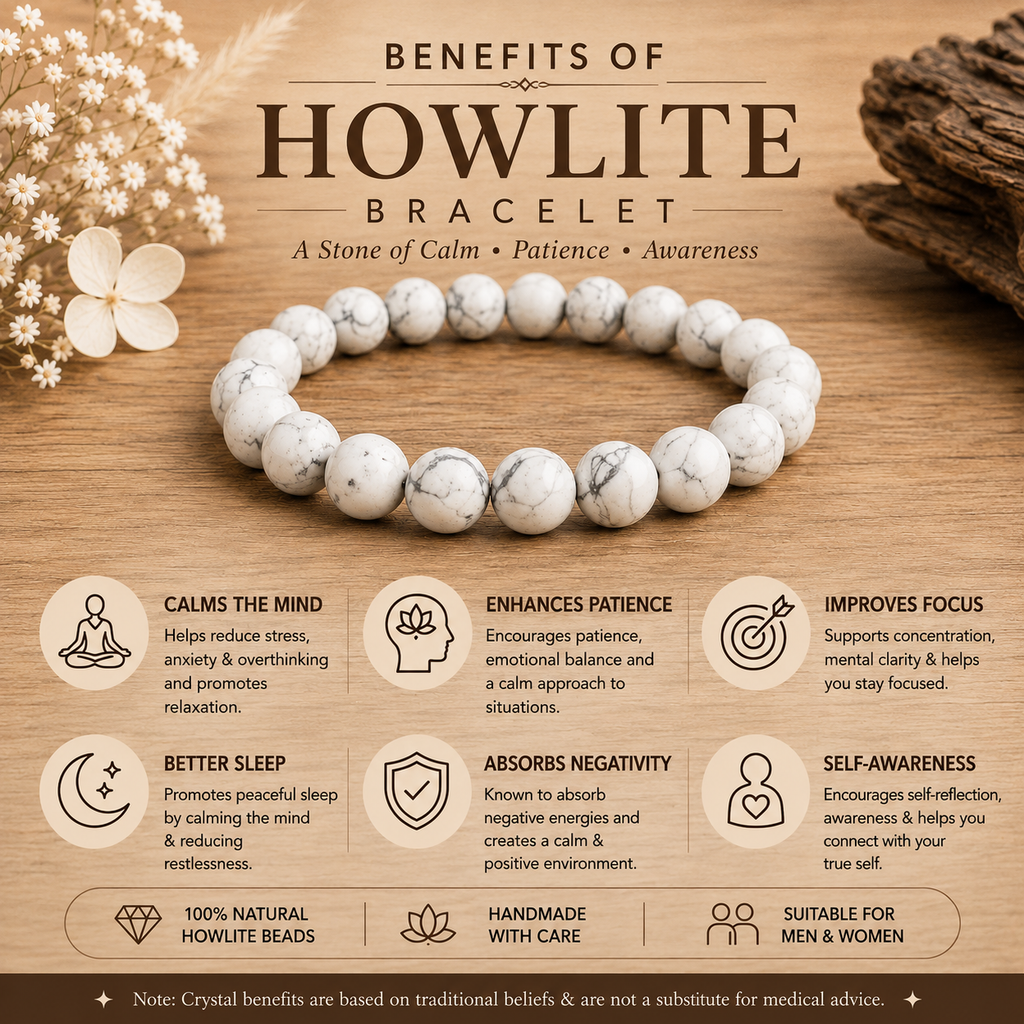 Natural Howlite bracelet highlighting traditional benefits of Howlite crystal