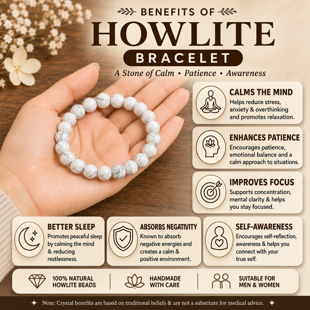 AAA quality natural Howlite bracelet held in a woman's palm