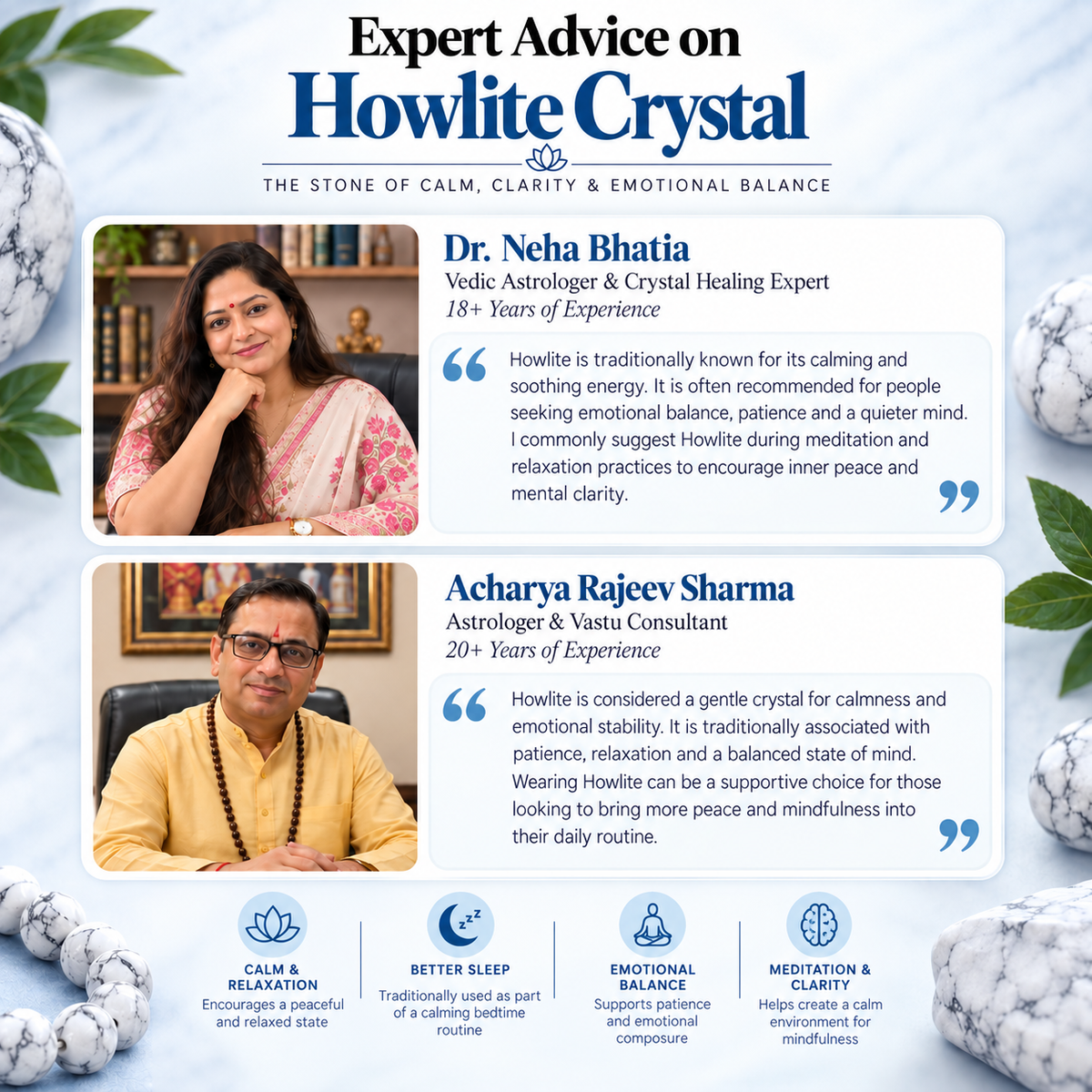 DivyaZone Howlite Crystal Bracelet expert advice guide featuring crystal healing insights on calmness, relaxation, emotional balance, better sleep and meditation.