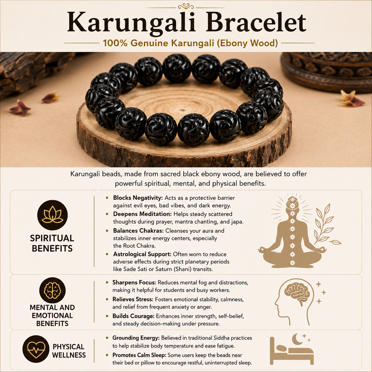 Karungali ebony wood bracelet showing traditional benefits, spiritual significance and natural wood details