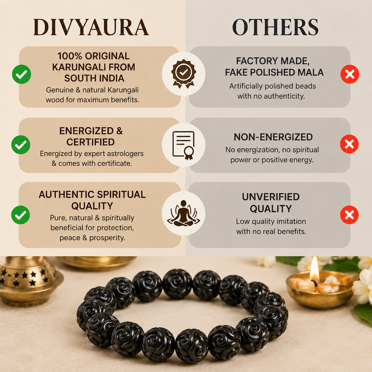 Natural Karungali bracelet showing genuine ebony wood beads, traditional design and spiritual benefits