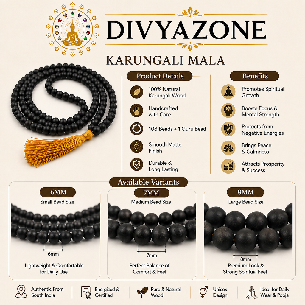 Natural Karungali wood mala with product details, benefits, bead sizes and traditional spiritual uses