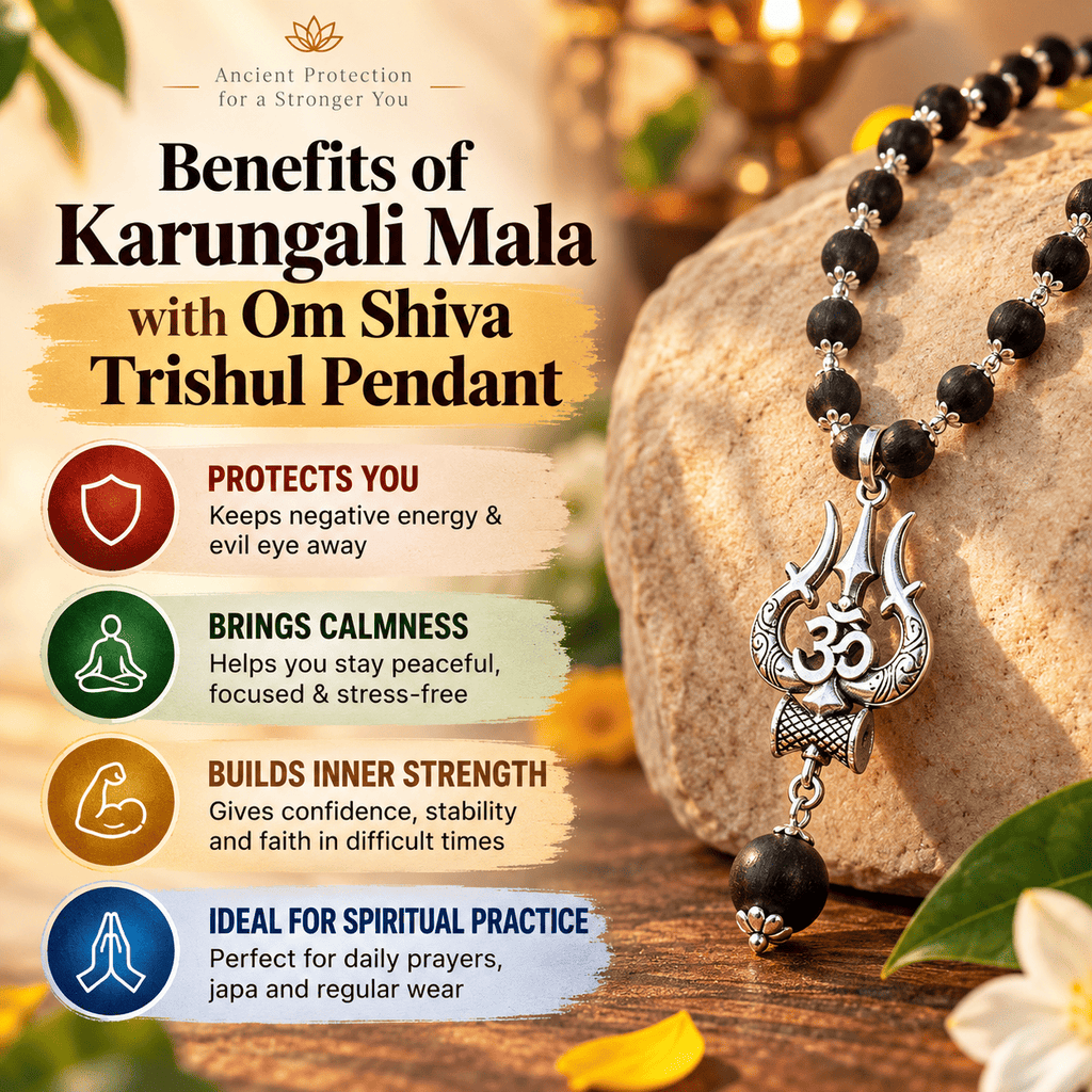 Karungali Mala with Om Shiva Trishul pendant highlighting traditional benefits including grounding, calmness, inner strength and spiritual practice