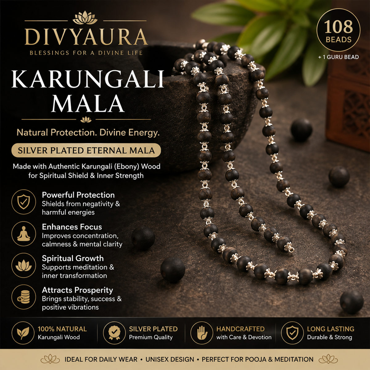 Karungali Mala natural ebony wood, benefits, product details aur 6mm 7mm 8mm bead size variants