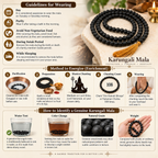Karungali Mala made with black ebony wood beads displayed on a warm traditional surface with a golden tassel