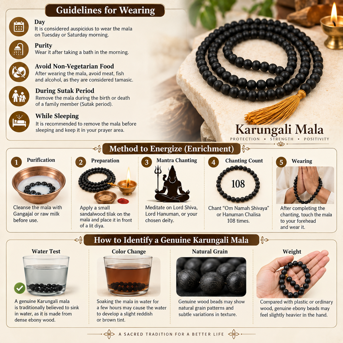 Karungali Mala made with black ebony wood beads displayed on a warm traditional surface with a golden tassel