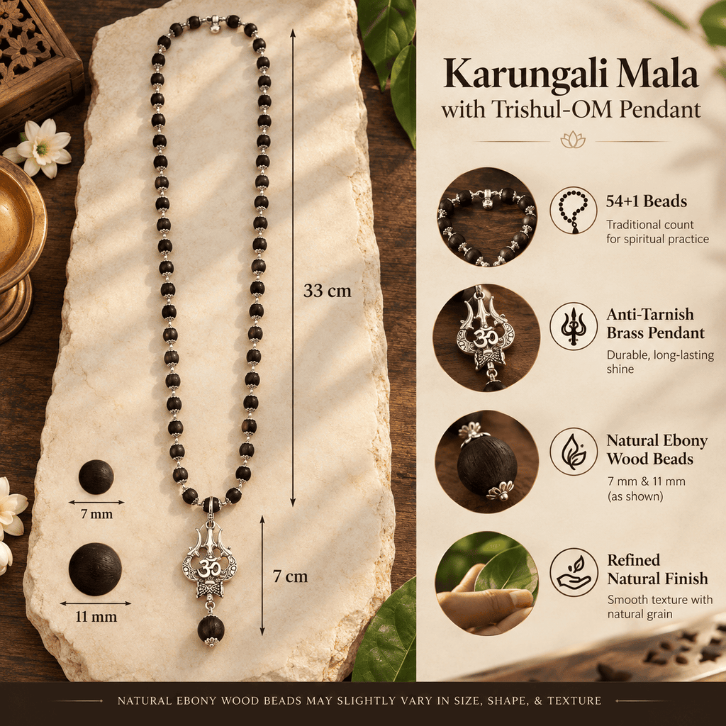 Karungali Mala showing 54 plus 1 beads, bead sizes, necklace length and Om Shiva Trishul pendant dimensions