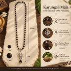 Karungali Mala showing 54 plus 1 beads, bead sizes, necklace length and Om Shiva Trishul pendant dimensions