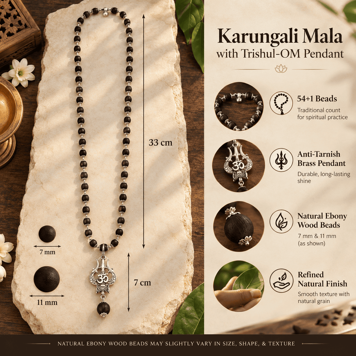 Karungali Mala showing 54 plus 1 beads, bead sizes, necklace length and Om Shiva Trishul pendant dimensions