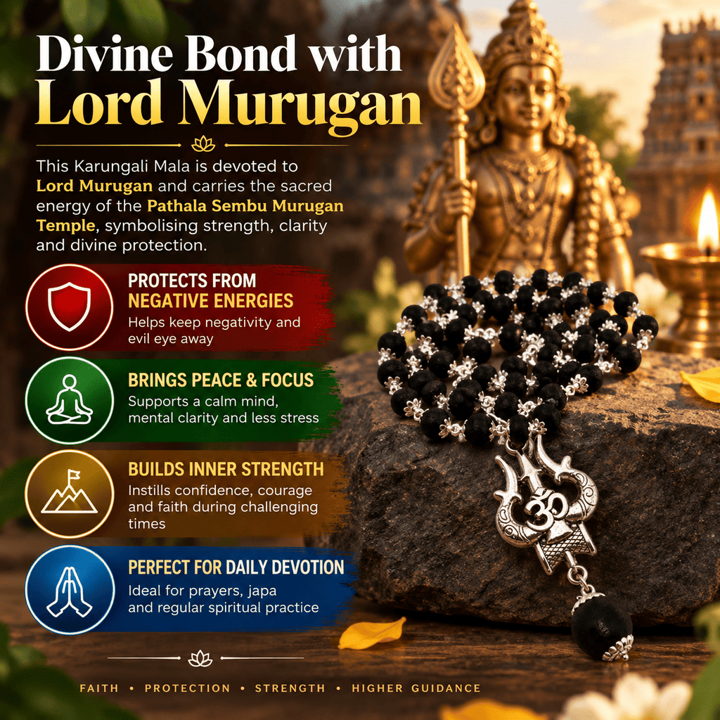 Karungali Mala with Om Shiva Trishul pendant presented with Lord Murugan devotional elements and traditional spiritual symbolism