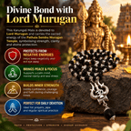 Karungali Mala with Om Shiva Trishul pendant presented with Lord Murugan devotional elements and traditional spiritual symbolism