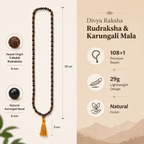 Divya Raksha Karungali Rudraksha Mala showing 8mm bead size, 108+1 beads and product details