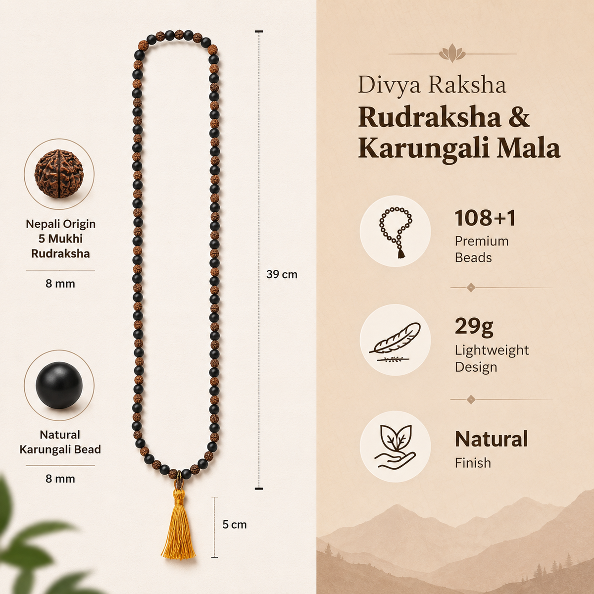 Divya Raksha Karungali Rudraksha Mala showing 8mm bead size, 108+1 beads and product details