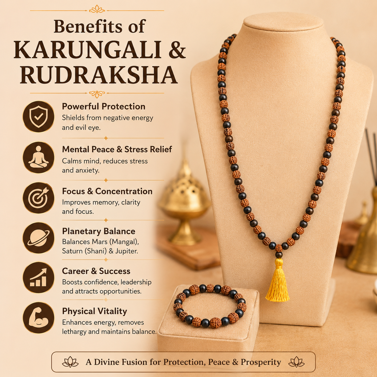 Karungali Rudraksha Mala benefits showing traditional spiritual and astrological benefits