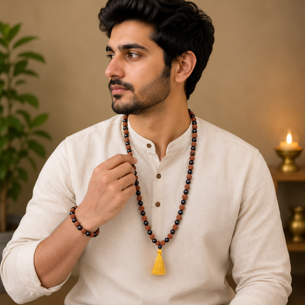 Man wearing Divya Raksha Karungali Rudraksha Mala with 8mm beads and golden pendant