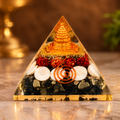 Lakshmi Yantra Orgonite Pyramid with Pyrite Cluster and natural stones