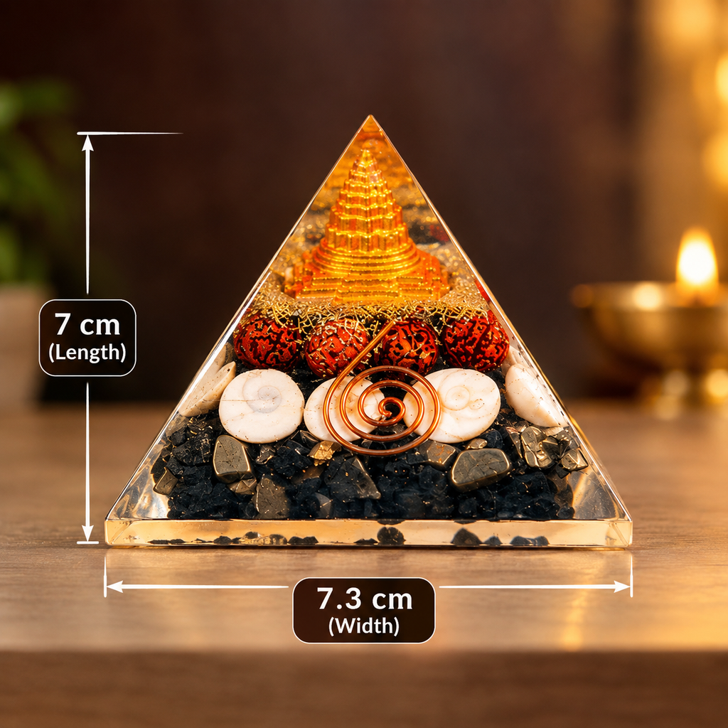Lakshmi Yantra Orgonite Pyramid showing 7 cm height and 7.3 cm base width