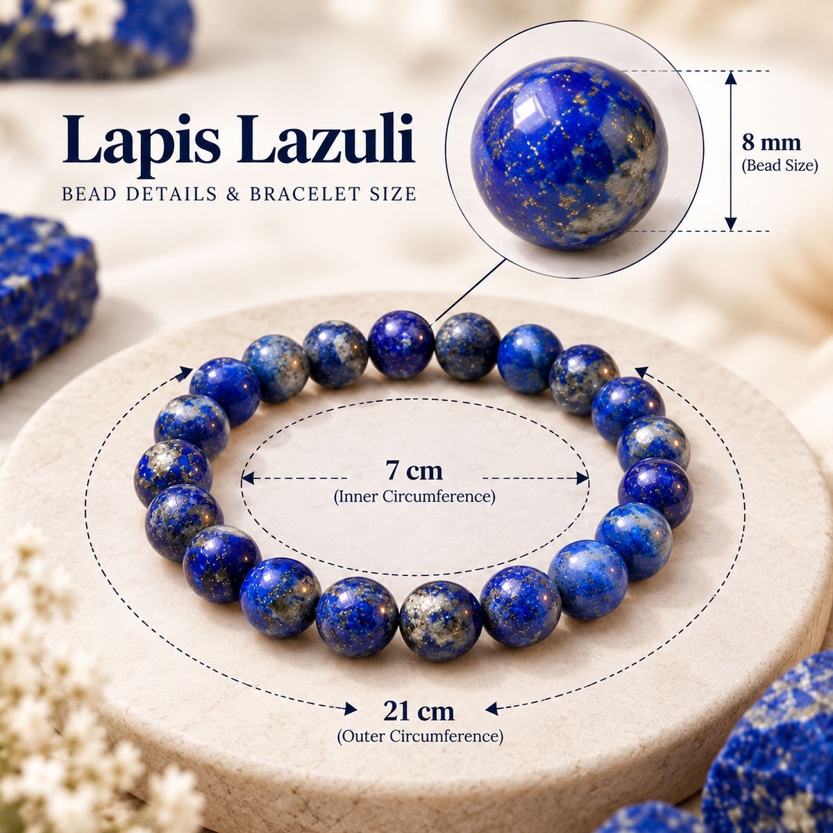 Lapis Lazuli bracelet showing 7 cm inner and 21 cm outer circumference with bead size