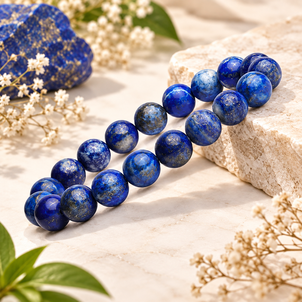 Close-up of natural Lapis Lazuli gemstone beads in blue and gold tones
