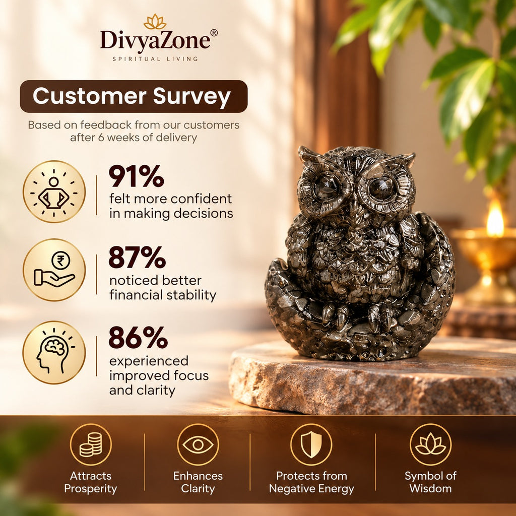 Large Pyrite Owl product infographic featuring customer survey percentages and symbolic prosperity themes