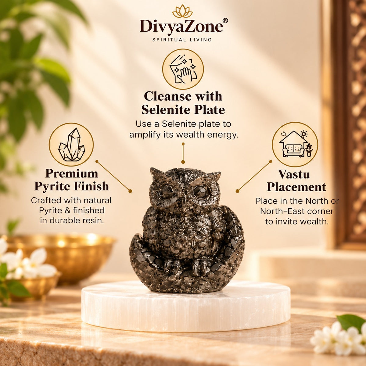 Large Pyrite Owl figurine with premium metallic finish, symbolic wisdom and Vastu-inspired placement guidance