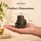 Large Pyrite Owl figurine displayed on a hand showing product dimensions of 7 cm width and 8 cm height
