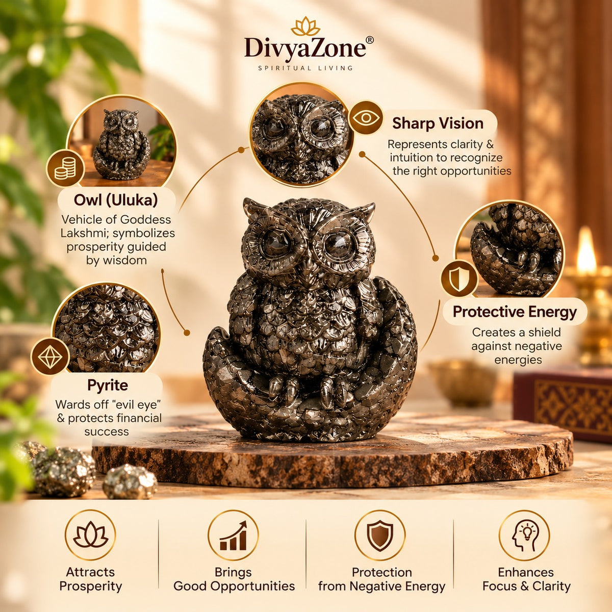 Large Pyrite Owl figurine with selenite plate cleansing guidance, premium finish details and traditional Vastu placement suggestions
