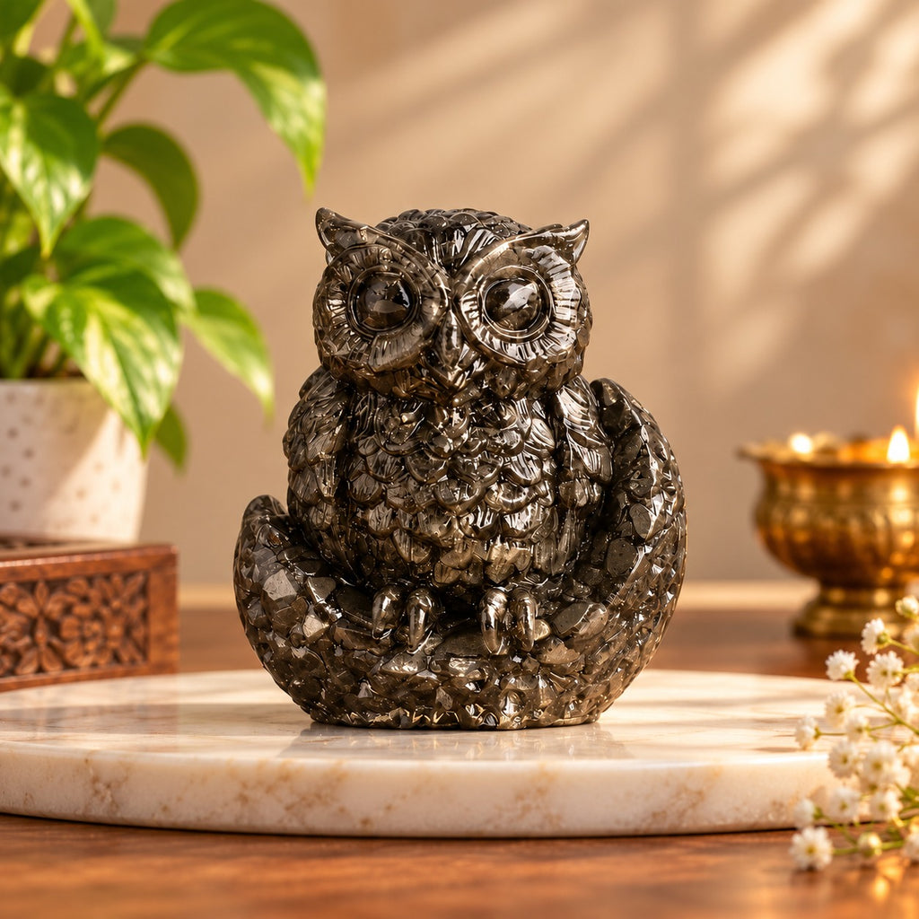 Large Pyrite Owl figurine by DivyaZone for spiritual decor and traditional Vastu-inspired home styling
