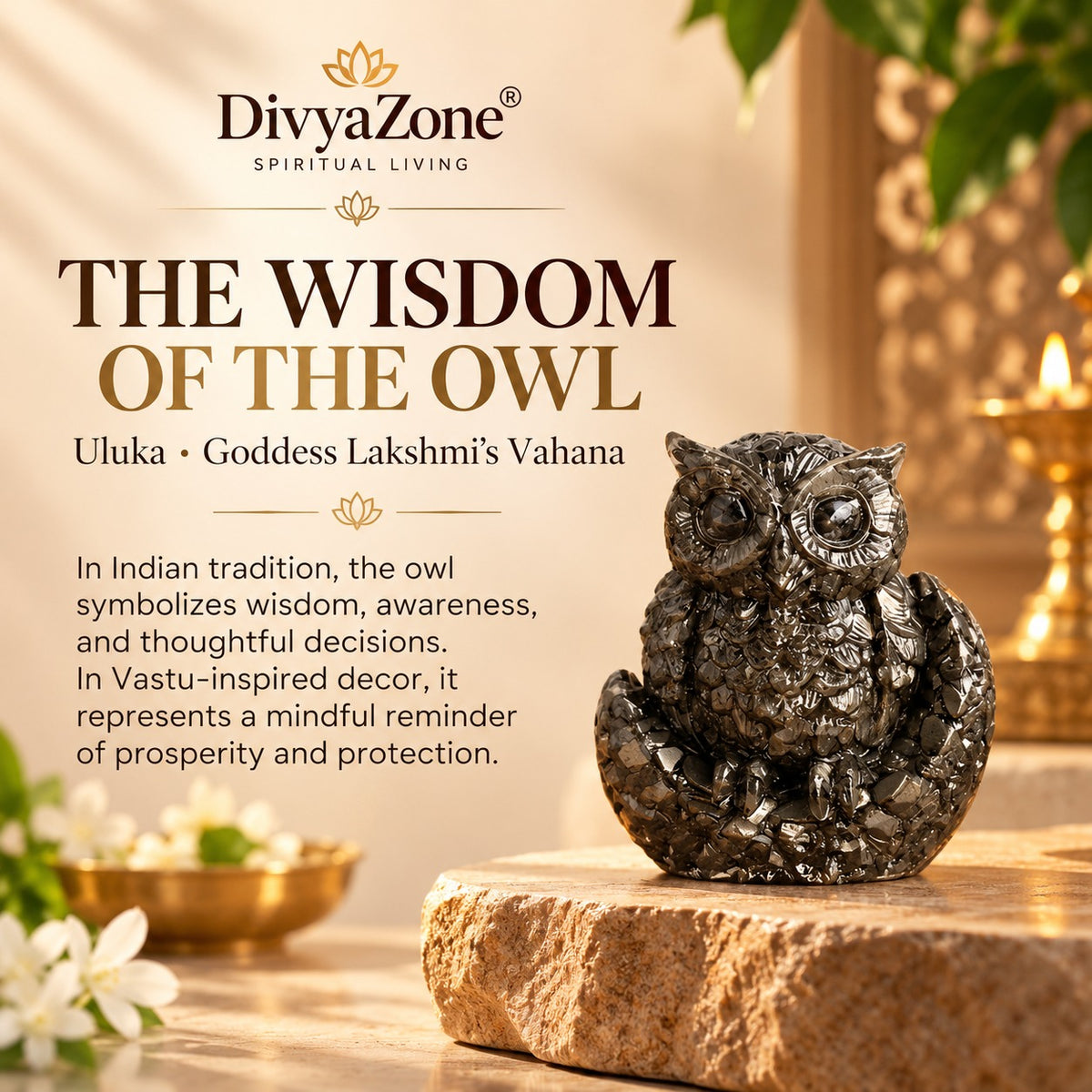 Large Pyrite Owl figurine representing wisdom and prosperity in traditional Indian spiritual beliefs
