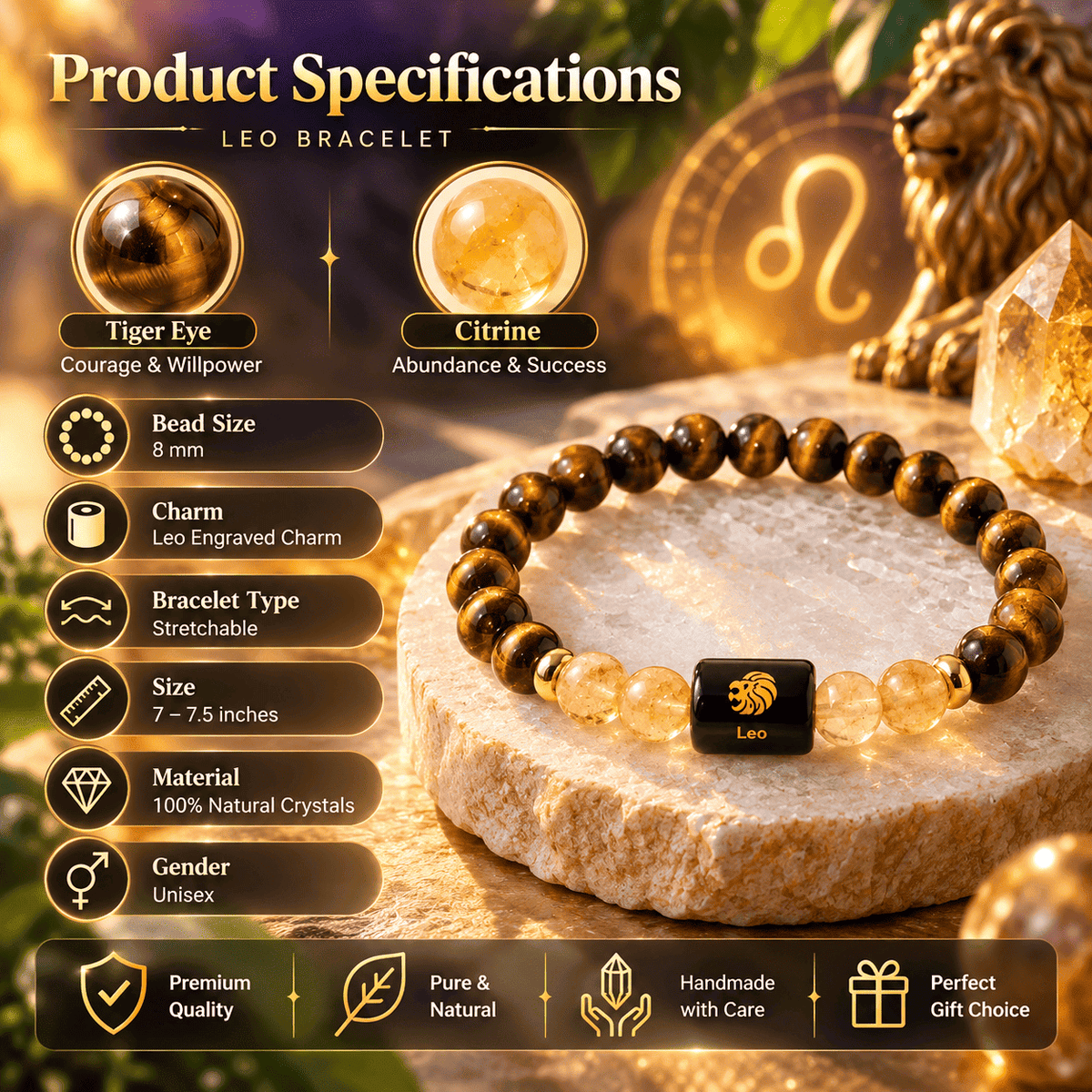 Leo bracelet specifications featuring 8 mm Tiger Eye and Citrine natural crystal beads with Leo engraved charm