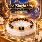 Leo zodiac bracelet featuring natural Tiger Eye and Citrine crystals with a free raw Selenite plate