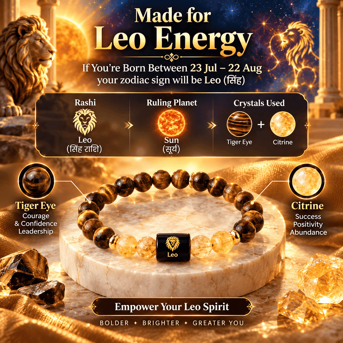 Leo zodiac Tiger Eye and Citrine bracelet designed for confidence, success and inner strength