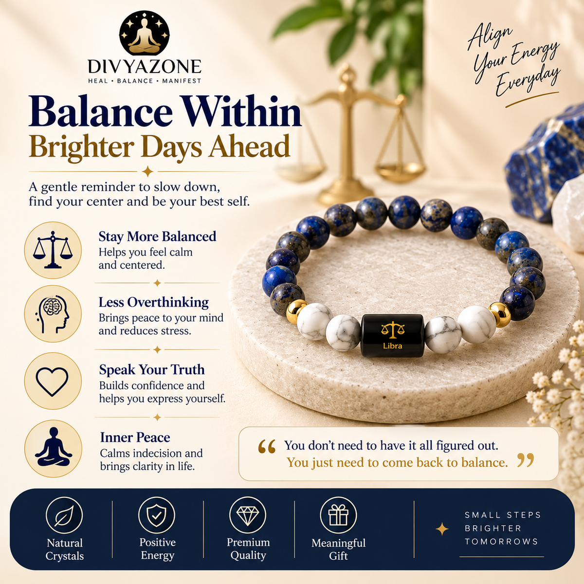 Libra bracelet made with Lapis Lazuli and Howlite natural crystals
