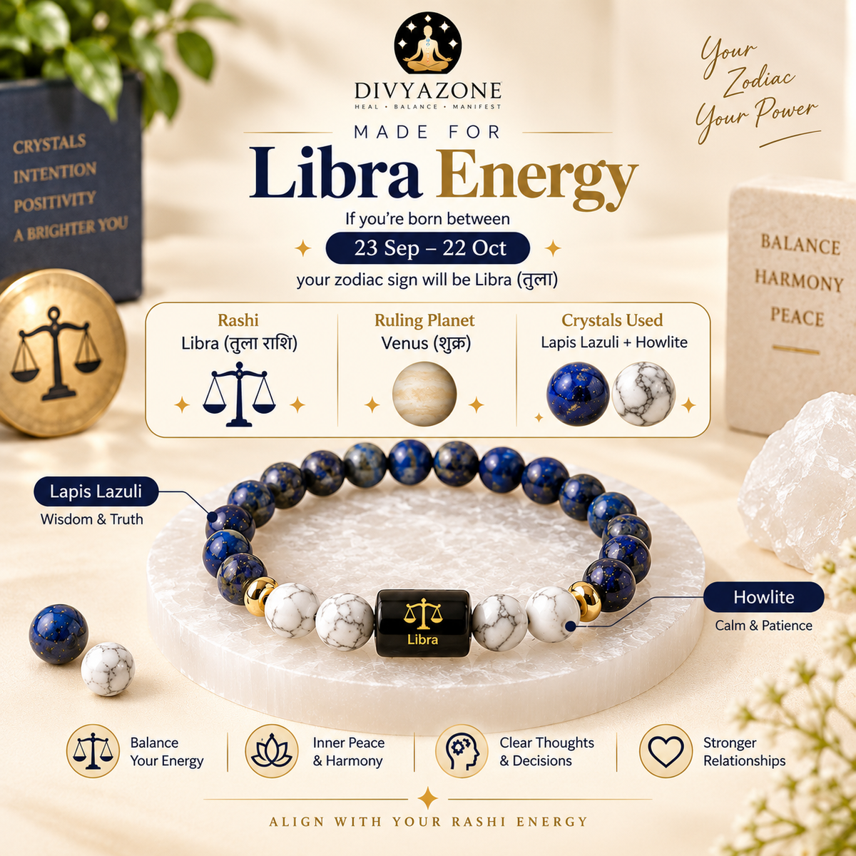 Libra Lapis Lazuli and Howlite bracelet with astrologer testimonials and traditional crystal guidance
