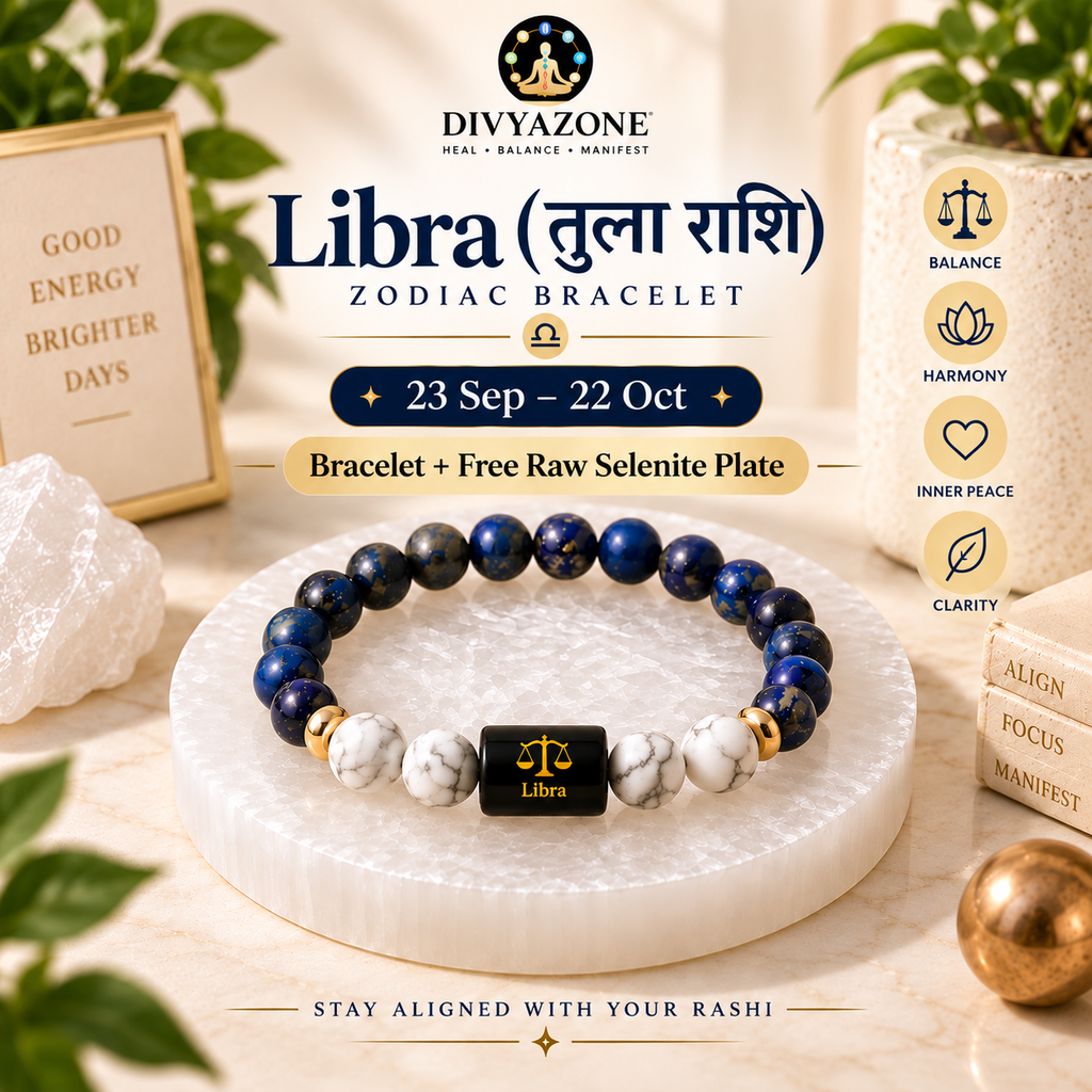 Libra zodiac bracelet with Lapis Lazuli and Howlite crystals on Raw Selenite Plate