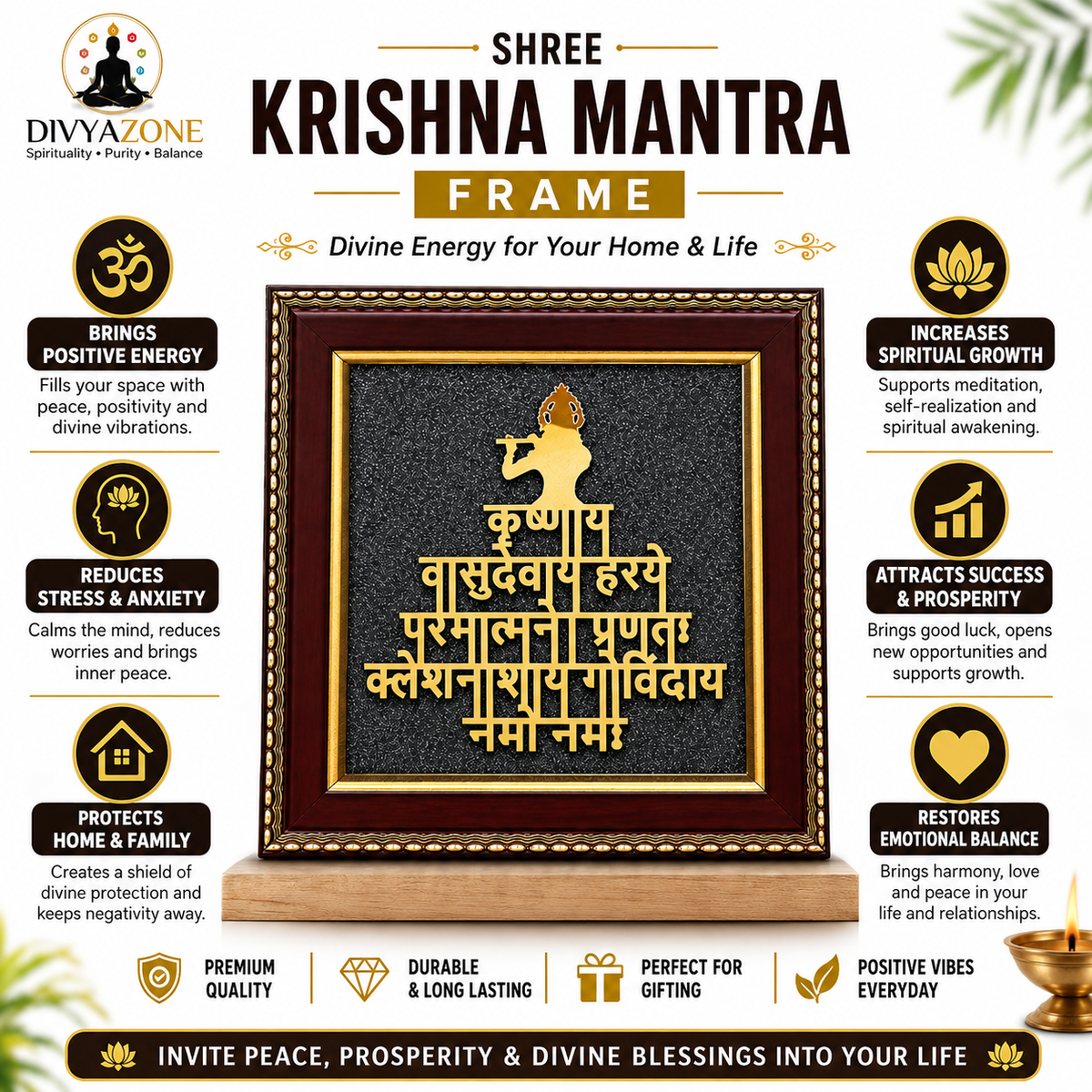 Lord Krishna Narayan Mantra Raw Pyrite Frame - Natural Pyrite Base for Prosperity | Divyazone