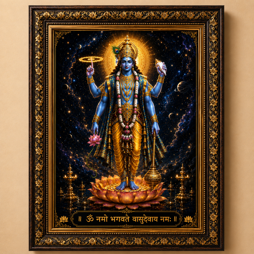 Lord Vishnu Chaturbhuja Premium Acrylic Wall Art with Ultra HD UV print and matte black floating frame for home temple