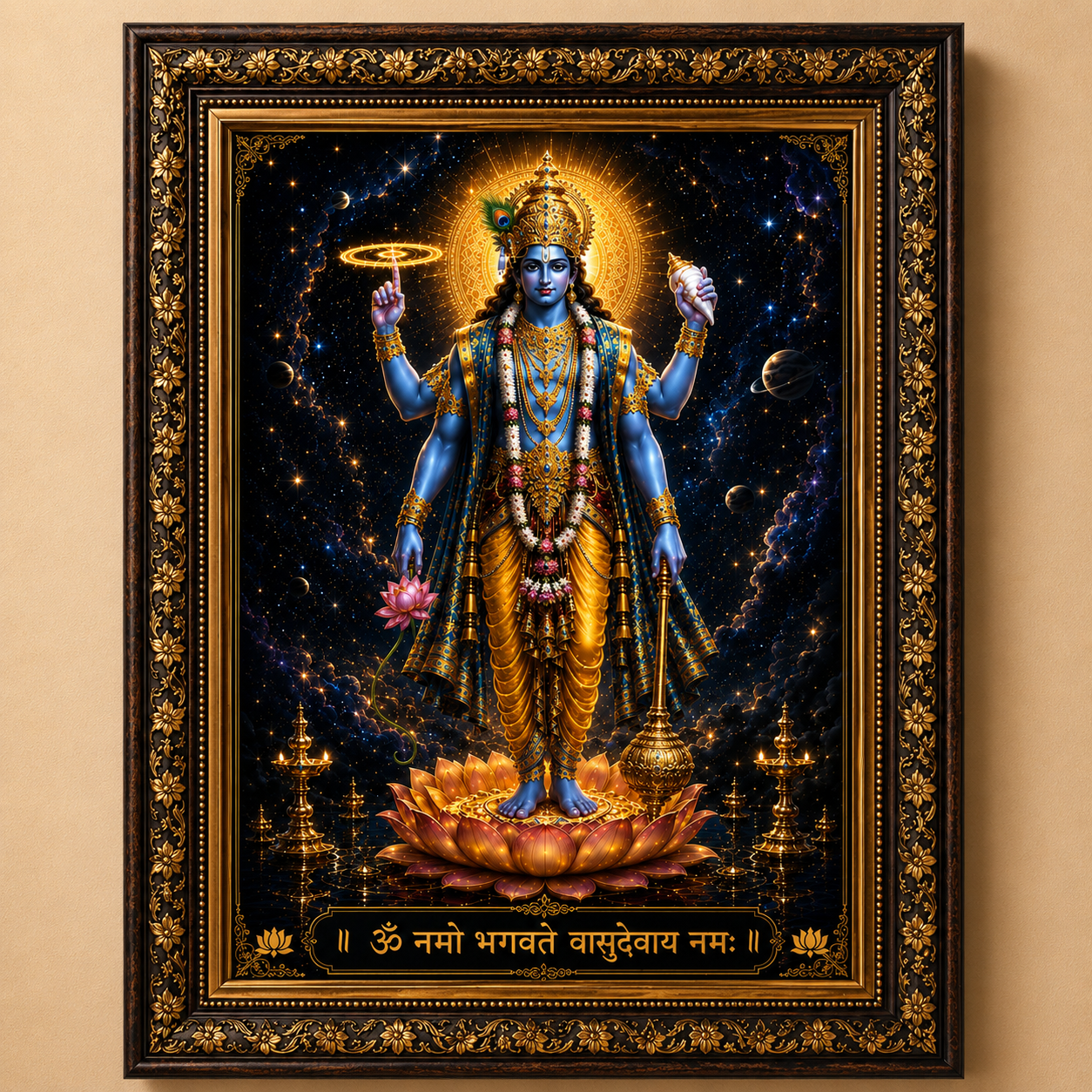 Lord Vishnu Chaturbhuja Premium Acrylic Wall Art with Ultra HD UV print and matte black floating frame for home temple