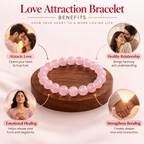 Divyazone Love Attraction Bracelet featuring rose quartz beads, highlighting benefits for love attraction, healthy relationships, emotional healing, and stronger bonding.
