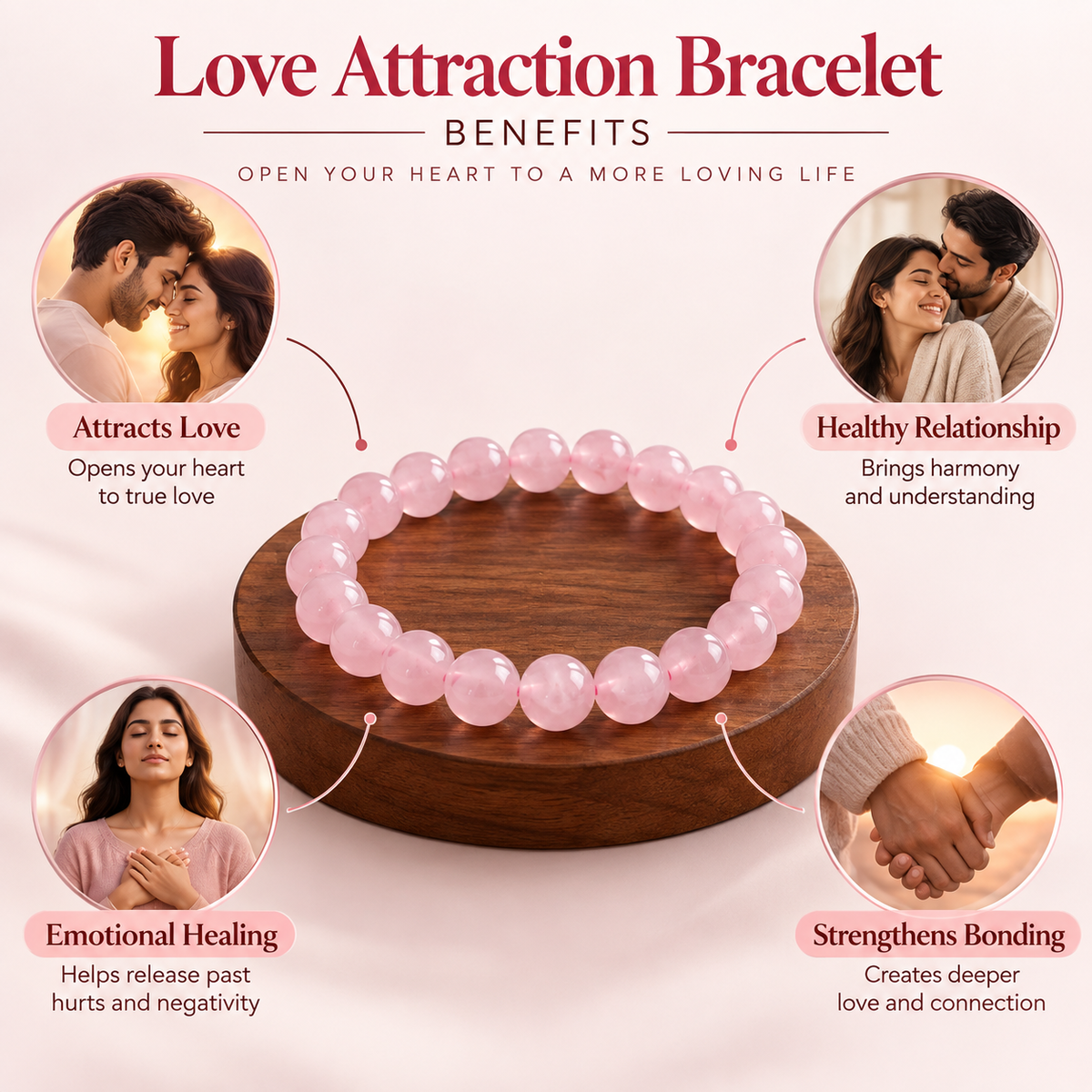Divyazone Love Attraction Bracelet featuring rose quartz beads, highlighting benefits for love attraction, healthy relationships, emotional healing, and stronger bonding.