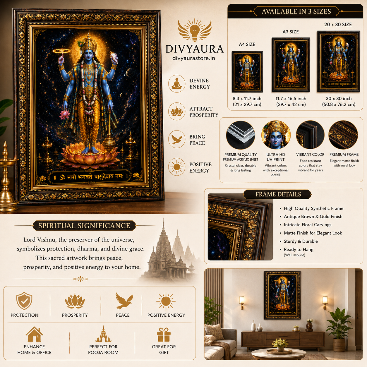Luxury Lord Vishnu Chaturbhuja acrylic wall art featuring Sudarshana Chakra, Shankh, Gada, and Lotus for spiritual home décor