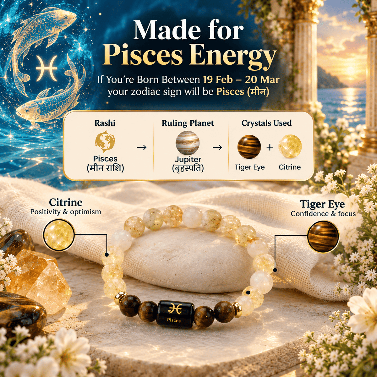 Pisces zodiac bracelet with Tiger Eye and Citrine crystals designed around Pisces energy | DivyaZone