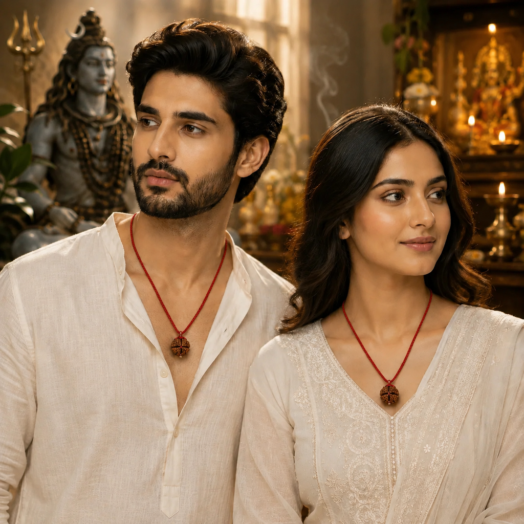 Male and female models wearing a 5 Mukhi Nepali Rudraksha 