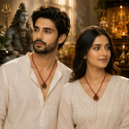 Male and female models wearing a 5 Mukhi Nepali Rudraksha 