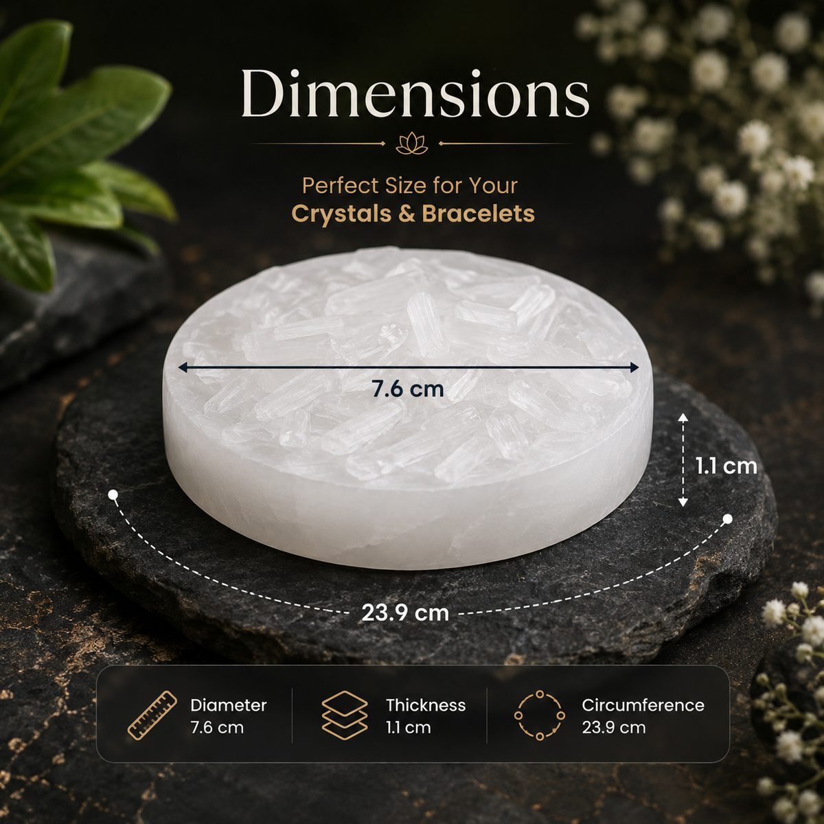 Moroccan raw selenite plate showing 7.6 cm diameter and 1.1 cm thickness