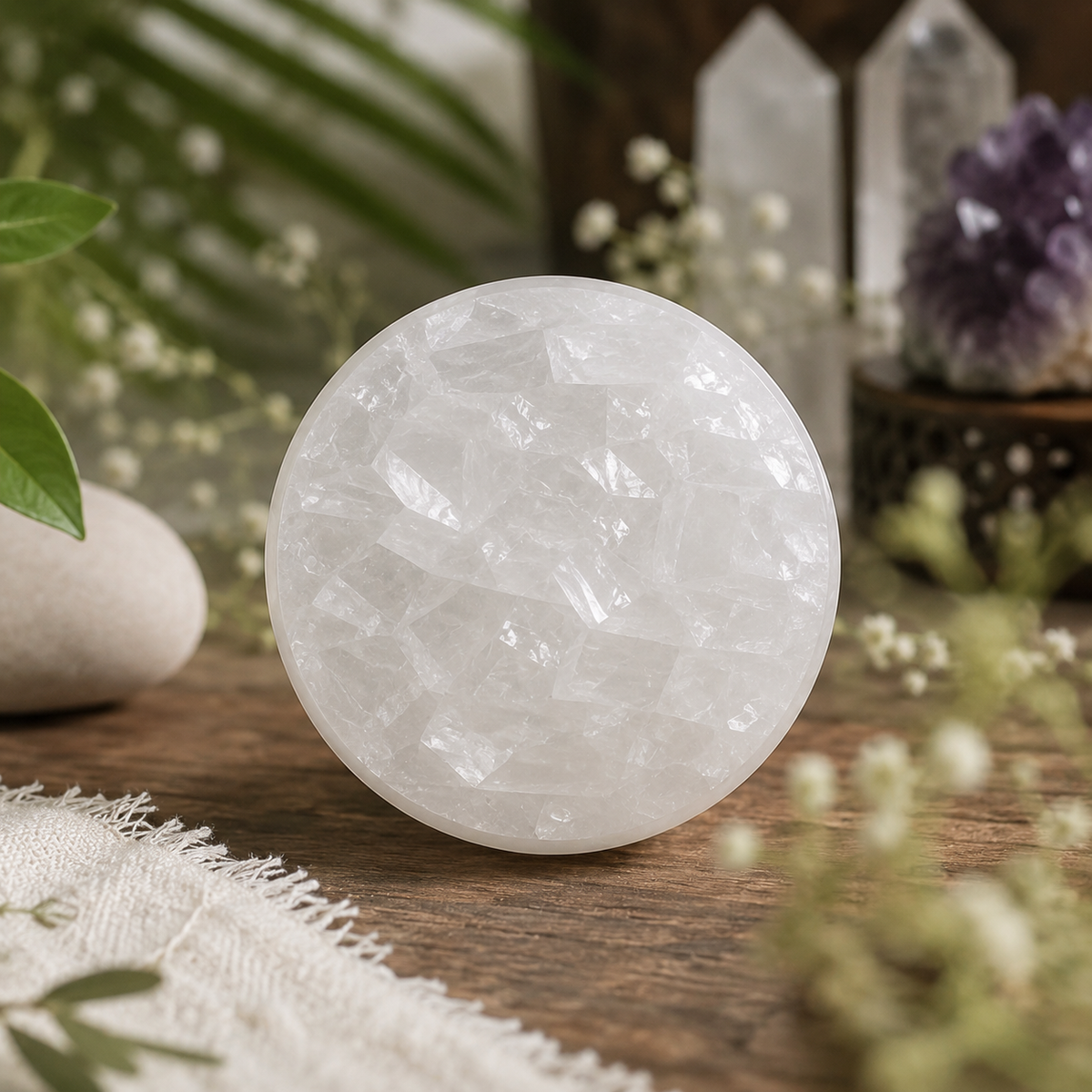 Moroccan raw selenite plate with natural translucent crystal texture, displayed with greenery and flowers