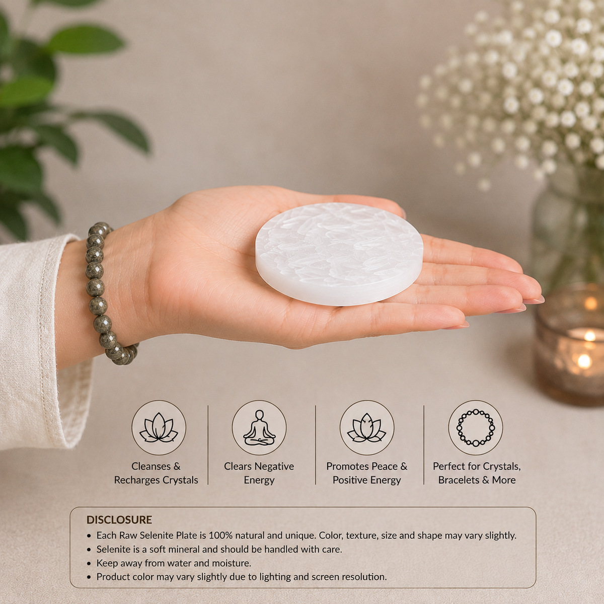 Moroccan raw selenite plate held in a woman's hand, showing its compact size and natural crystal texture