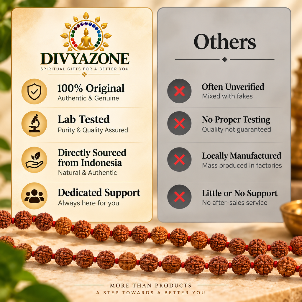 5 Mukhi Rudraksha Mala infographic showing spiritual benefits, bead details and key features