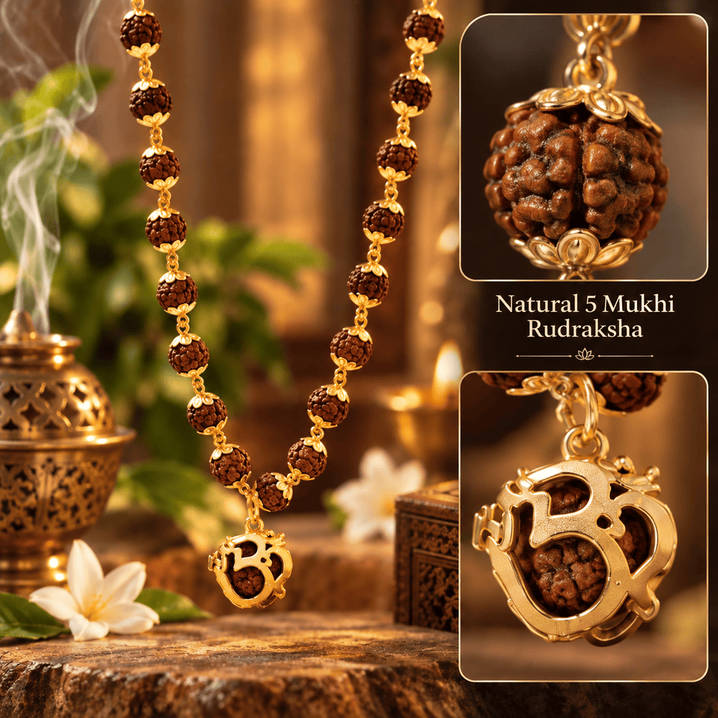 Natural 5 Mukhi Rudraksha pendant with gold Om design displayed in a warm traditional setting with diya and flowers